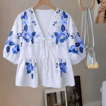 Elegant Floral V-Neck Blouse with Lantern Sleeves