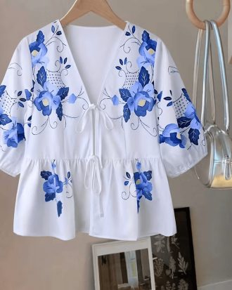 Elegant Floral V-Neck Blouse with Lantern Sleeves