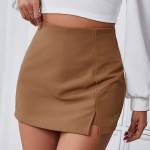 Brown High-Waisted Skort with Side Slit – Glossy Finish