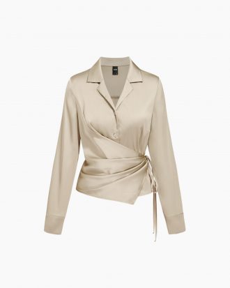 Twist & Drape Notched Collar Shirt – Women's Ruched Knot Front Blouse